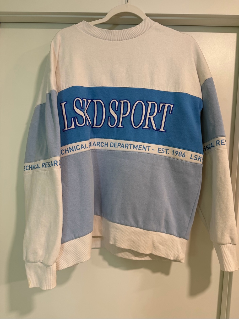 LSKDSPORT Colorblock Crewneck Sweatshirt in White & Light Blue